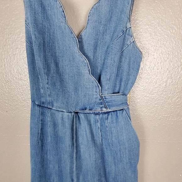 Pilcro by Anthroplogie Lydia Blue Denim Scallop Wrap Wide Leg Jumpsuit 2 - Picture 4 of 8